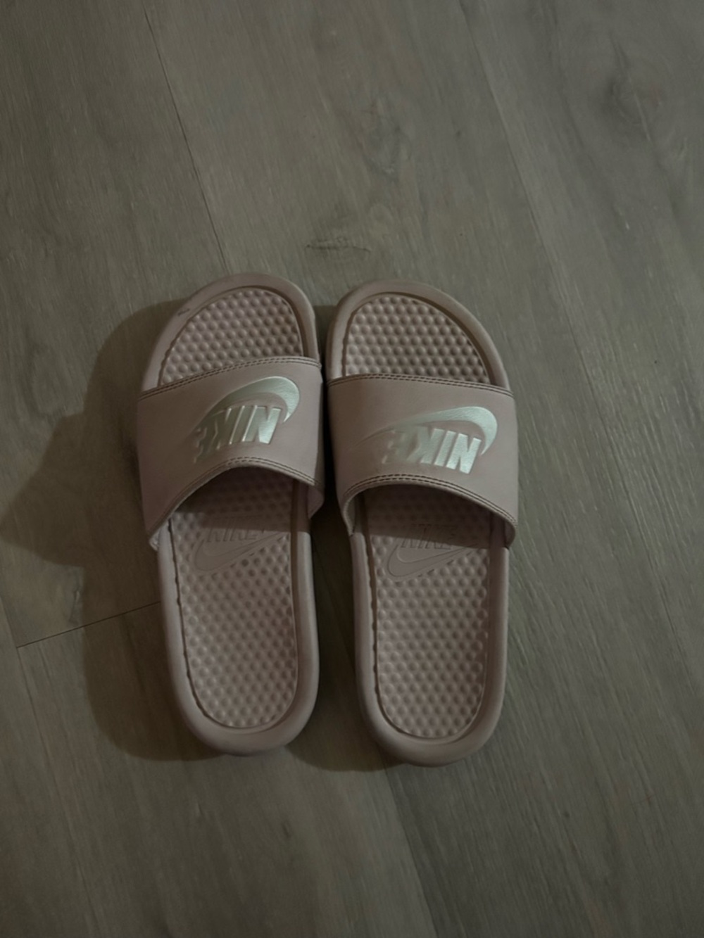 Nike Blush Pink Slide Sandals with Iridescent Logo